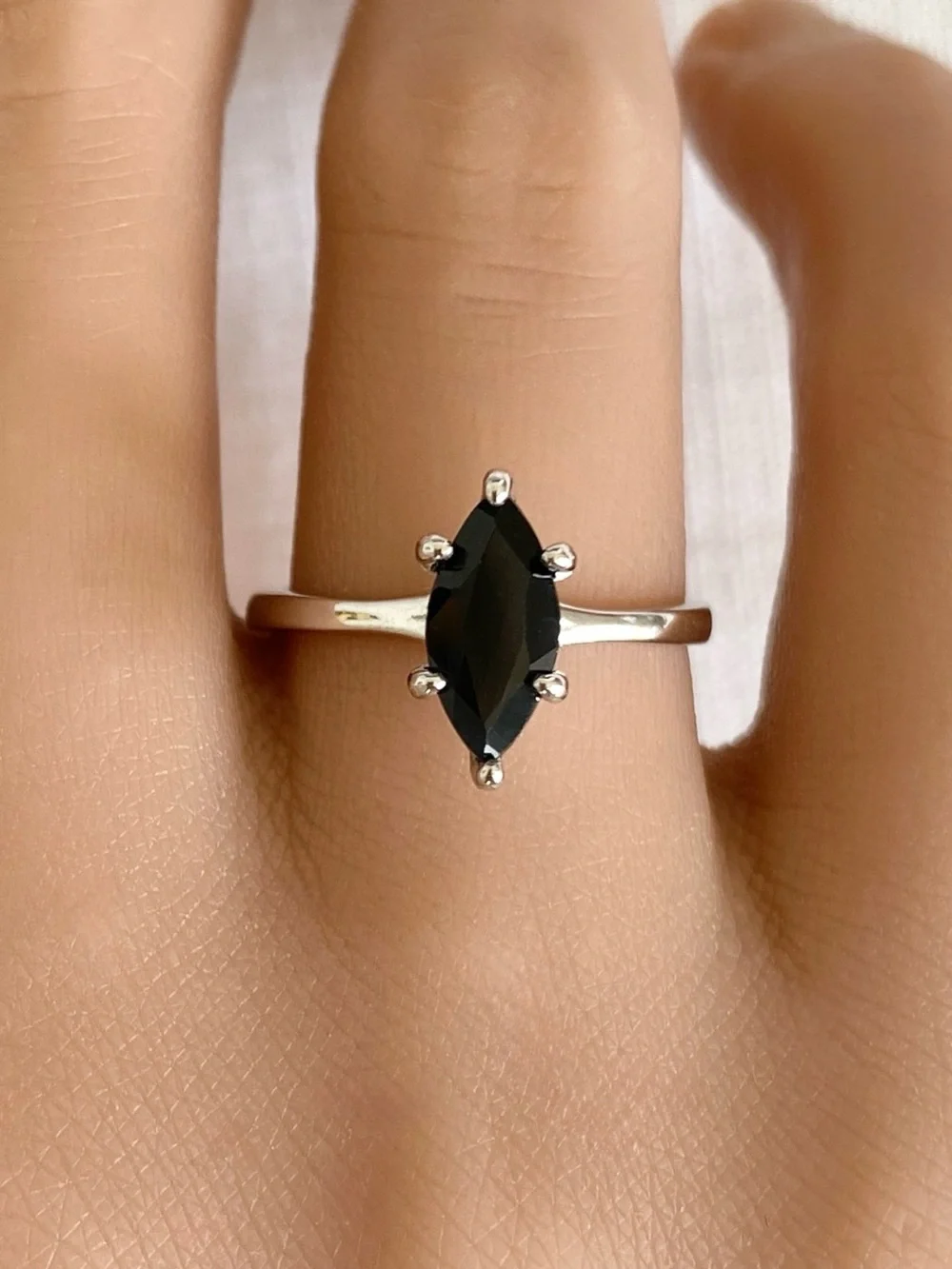 Black CZ Marquise Cut Solid Sterling Silver Women’s Solitaire Stackable Ring